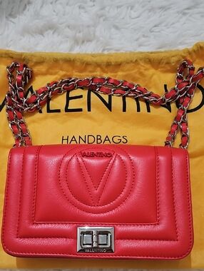 Valentino Quilted Red Leather Chain Crossbody Bag